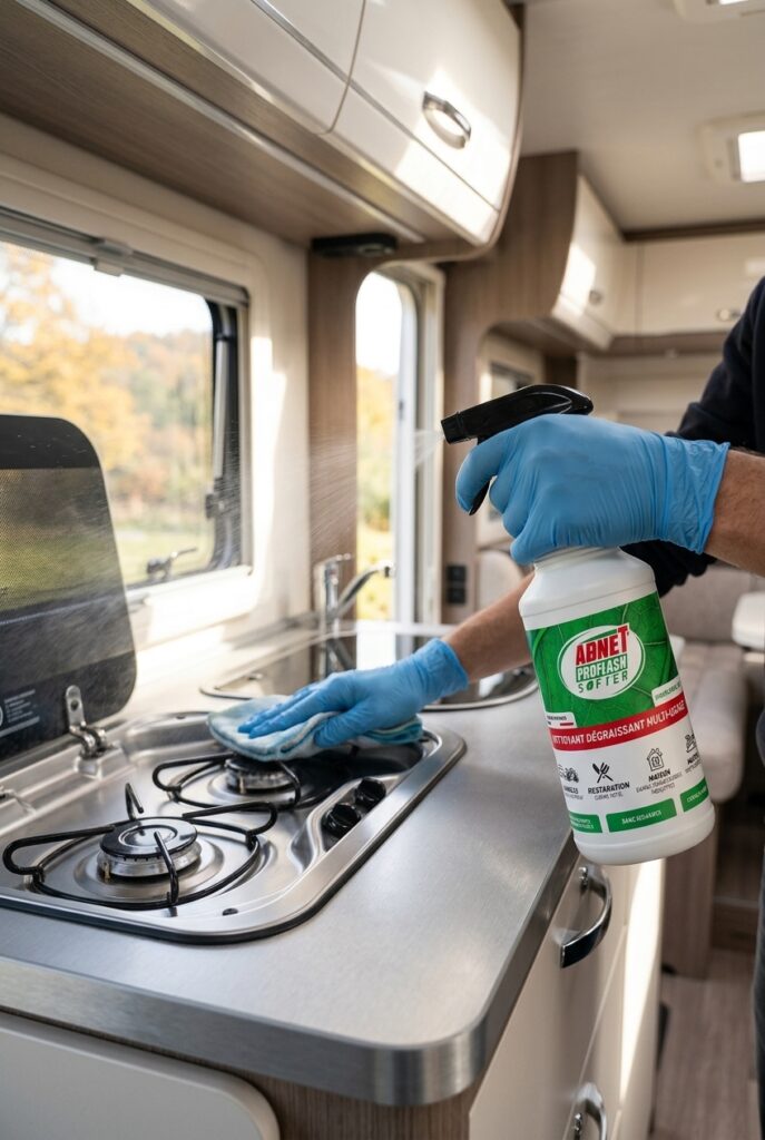 Nettoyage d'une cuisine de camping-car avec le spray dégraissant multi-usages ABNET ProFlash Softer