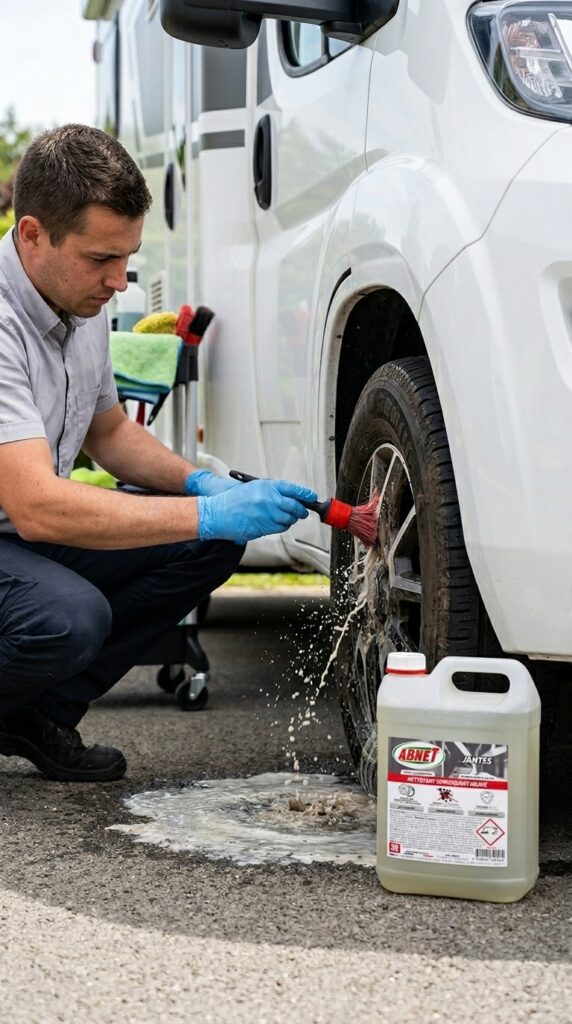 Nettoyage d'une jante de camping-car avec une brosse et le détergent ABNET Jantes