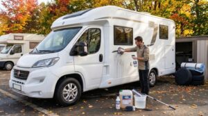 Nettoyage de la carrosserie d'un camping-car avec le détergent ABNET avant l'hivernage