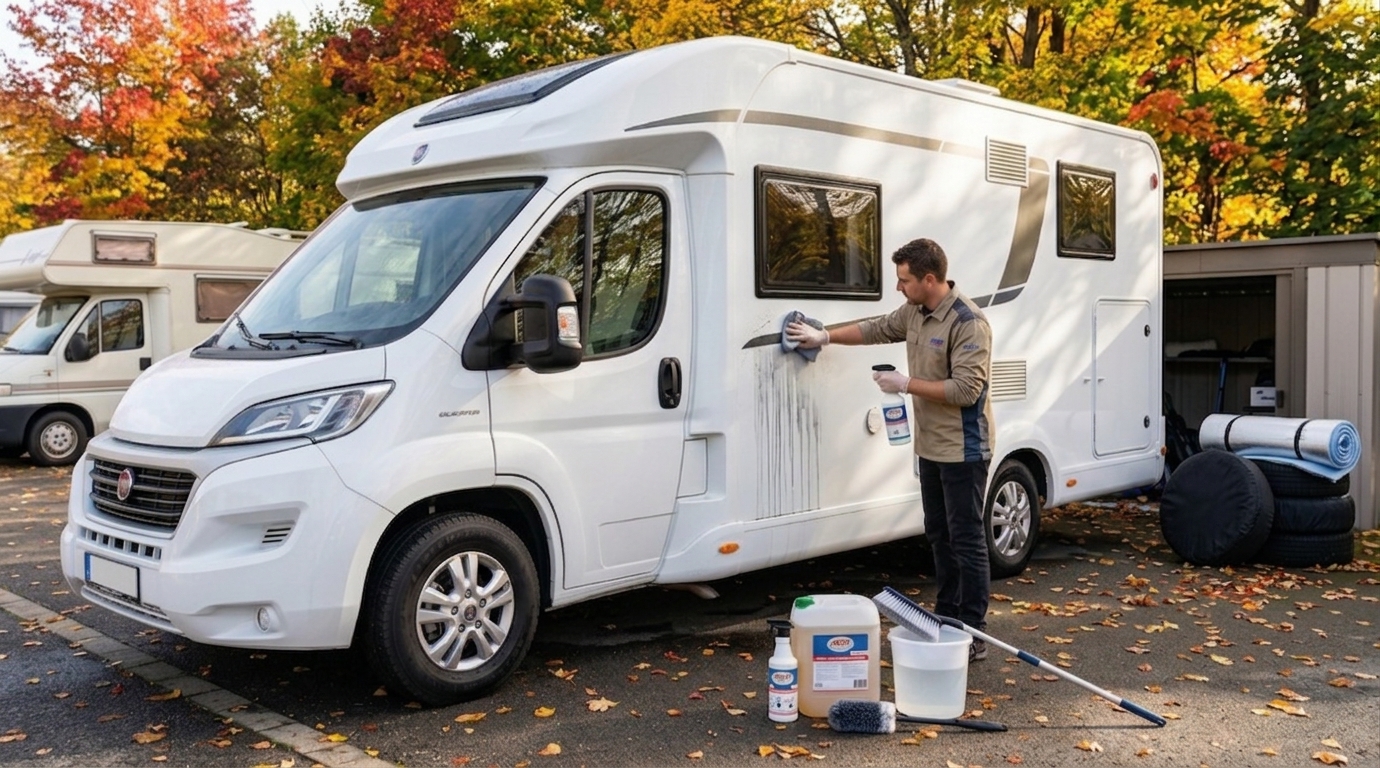 Nettoyage de la carrosserie d'un camping-car avec le détergent ABNET avant l'hivernage