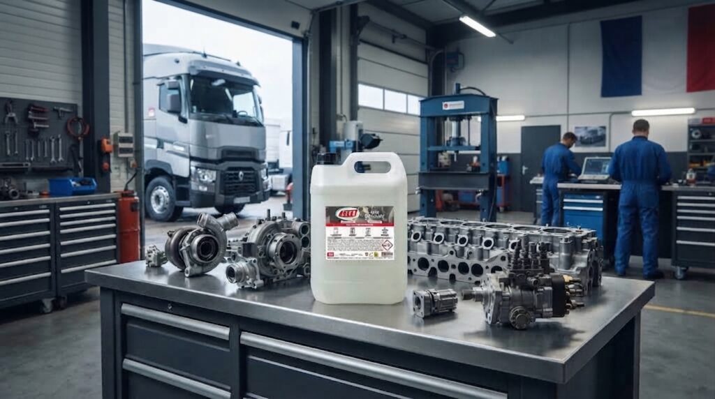 Bidon de 5L ABNET RENFORCÉ posé sur un établi d'atelier mécanique de transport poids lourd, illustrant la gamme de produits professionnels de la marque.