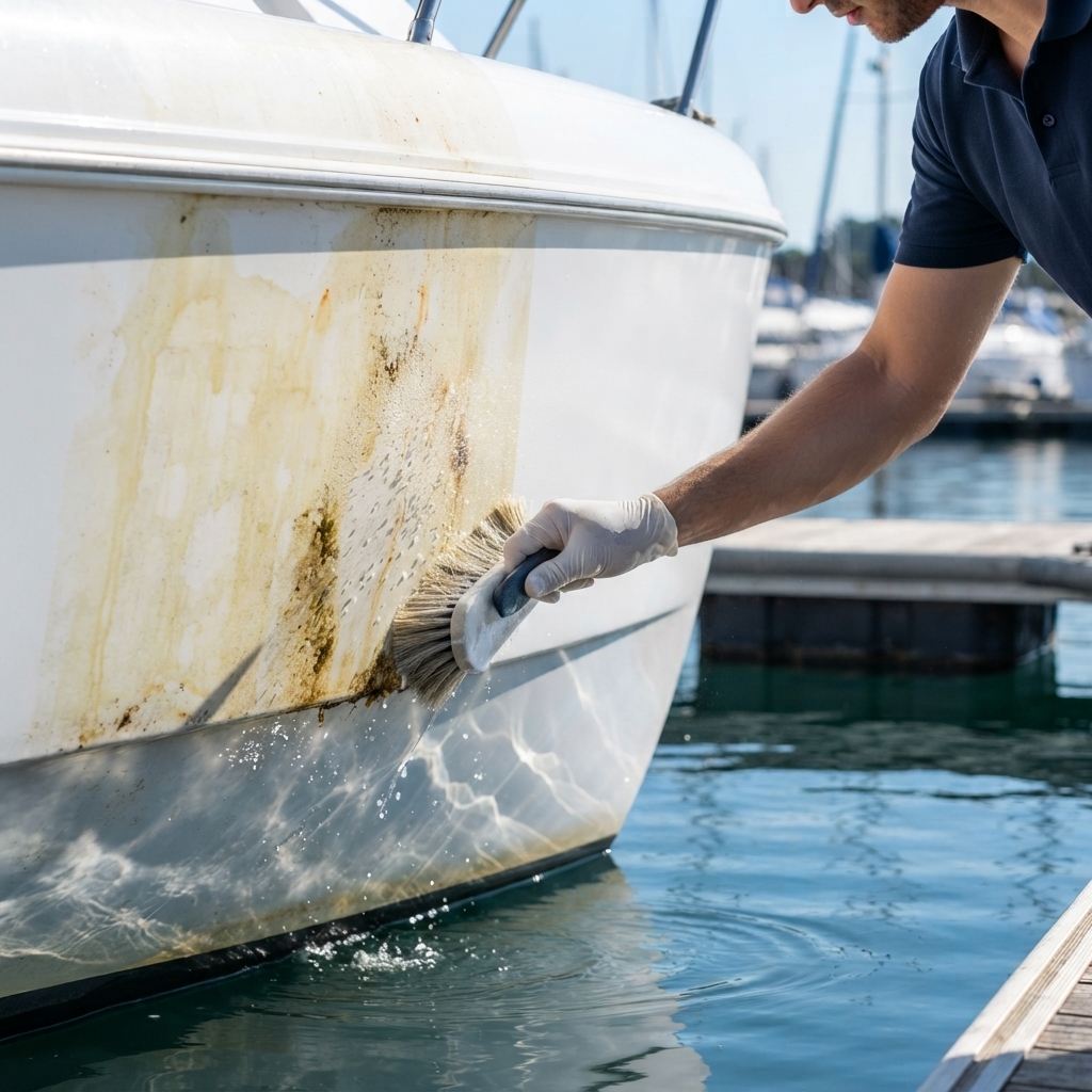 Action de nettoyage et déjaunissement à la brosse d'une coque de bateau en gelcoat très encrassée
