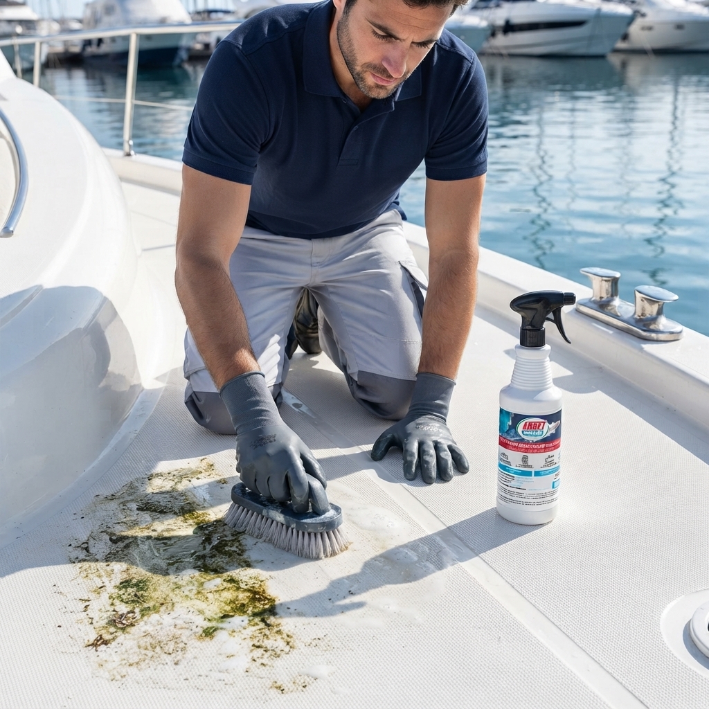 Opérateur nettoyant le pont antidérapant d'un bateau avec le pulvérisateur ABNET Original Boat et une brosse