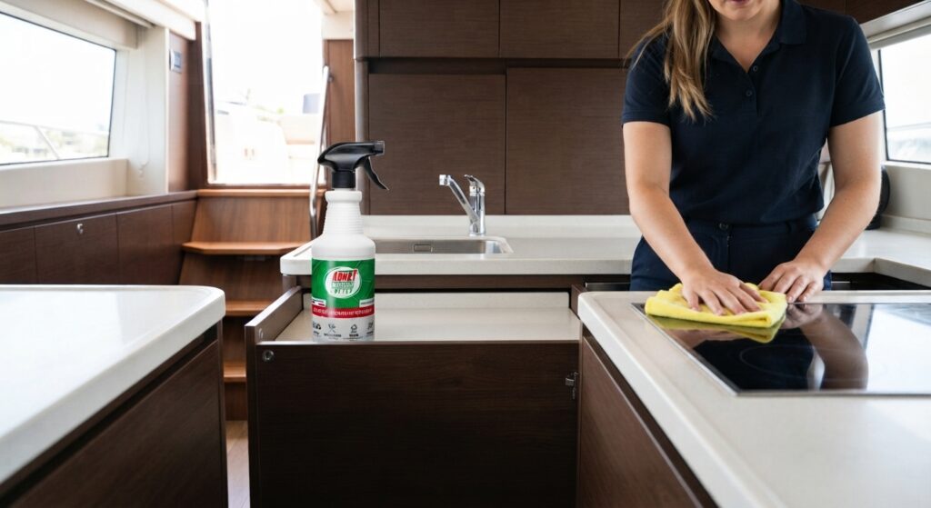 Nettoyage et dégraissage de la cuisine et de la table de cuisson à bord d'un bateau avec le spray ABNET ProFlash Softer