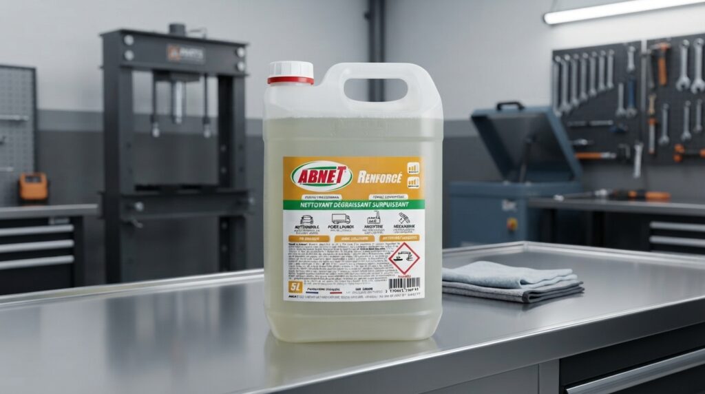Bidon de 5L de dégraissant lourd ABNET Renforcé posé sur un établi d'atelier mécanique industriel.