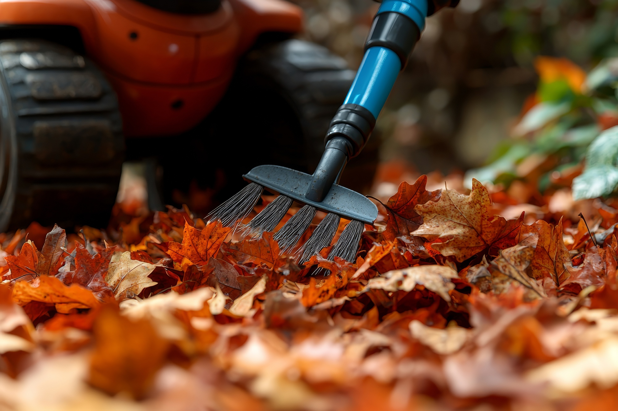 Entretien et nettoyage d'une tondeuse à gazon et d'outils de jardinage.