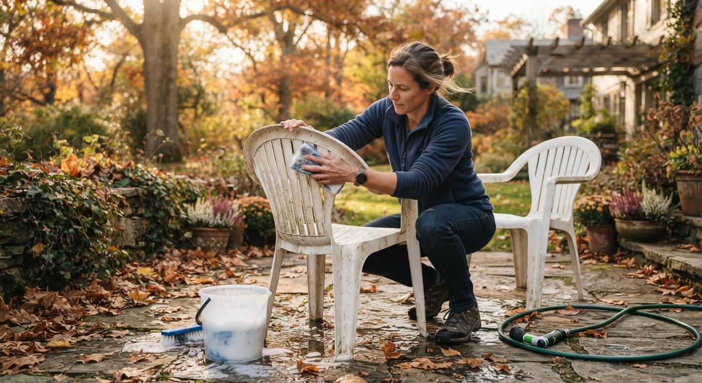 Nettoyage de chaises de jardin en résine avant l'hivernage.